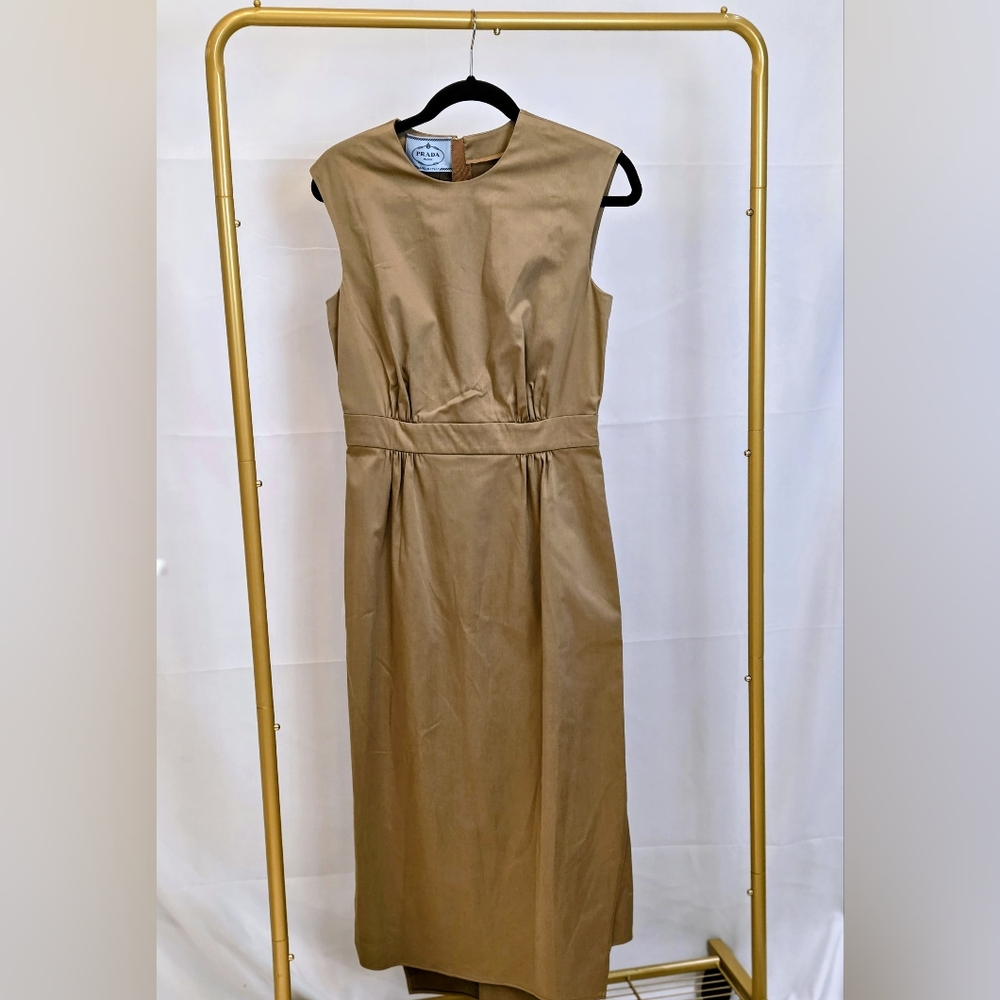 Prada Tan/Camel Midi Sleeveless Dress Women's Size S, NWT, Office Luxury, Cotton - Picture 3 of 12